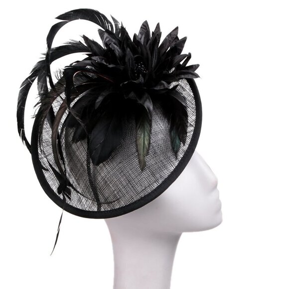 Sinamay Dipped Disk Fascinator Hat Headpeice Party Wedding Black Feather Flower - Picture 7 of 7